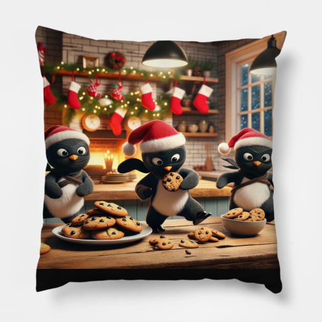 Christmas Ninja Cookie Snatcher Penguins Pillow by TooplesArt