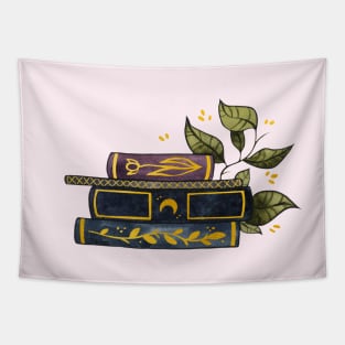 Dark books with gold and leaves Tapestry