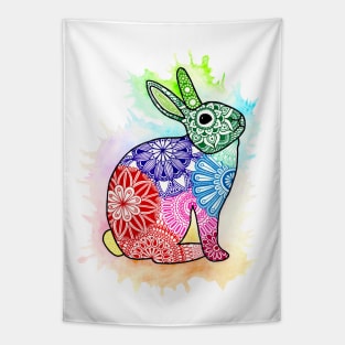 Rainbow rabbit mandala with watercolor splash Tapestry