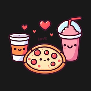 Cute Kawaii Food Art | Pizza Party with Pepperoni Pizza, Cola and Milkshake T-Shirt