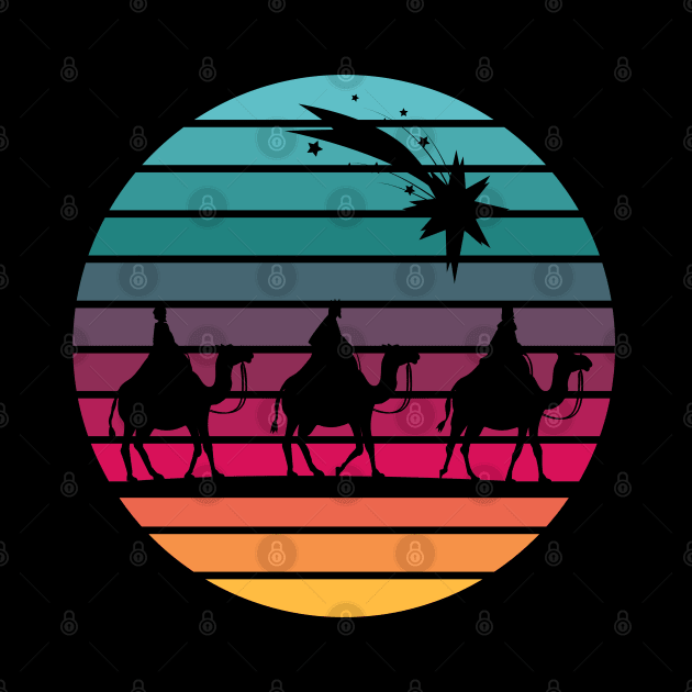 Three Wise Men following star silhouette with retro sunset by Brasilia Catholic