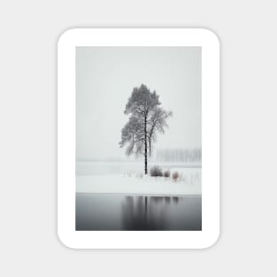 Nordic Minimalism Landscape Winter Art with Lone Leafless Tree Magnet