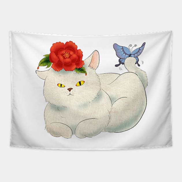 Minhwa: Cat and Butterfly H Type Tapestry by koreanfolkpaint