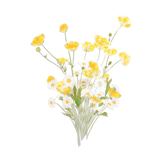 yellow buttercup and white daisy flowers bouquet ink and watercolor by colorandcolor