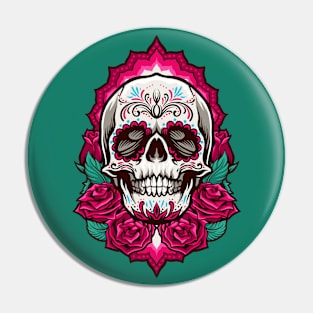 Cool Day of the Dead Sugar Skull with Roses Pin