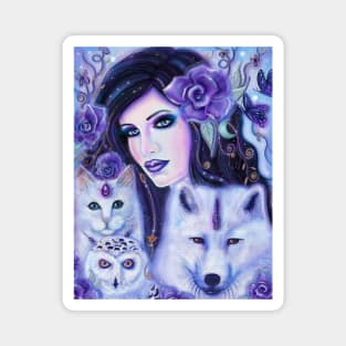 Diana goddess with wolf, owl, cat by Renee Lavoie Magnet