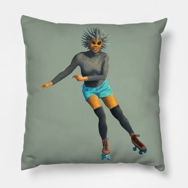 Alien Girl Roller Skates Rollergirl Art Pillow by Helms Art Creations