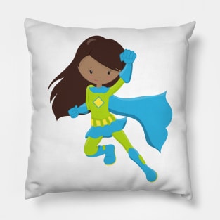 African American Girl, Superhero Girl, Blue Cape Pillow