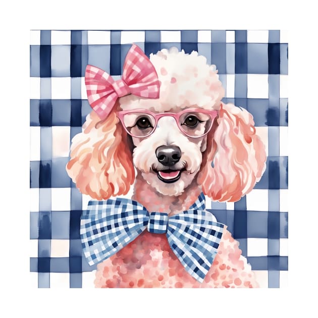 Poodle in pink glasses on blue gingham by SophieClimaArt