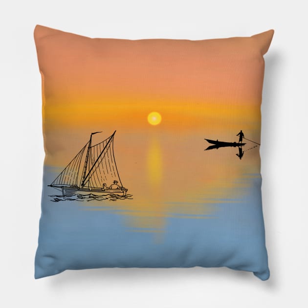 Beautiful Sunset Boat Silhouette Pillow by GoodyL