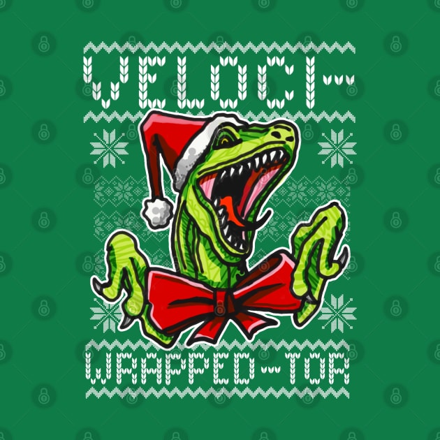 Funny Velociraptor Dinosaur Themed Ugly Christmas Sweater by sketchnkustom