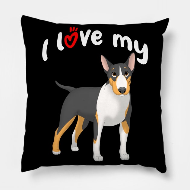 I Love My Black, Tan & White Bull Terrier Dog Pillow by millersye