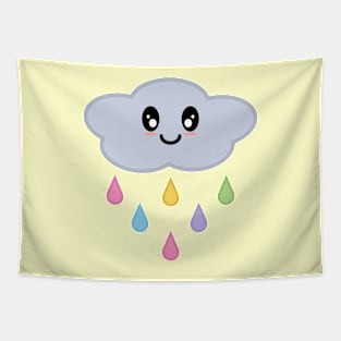 Kawaii Cute Rainbow Raindrop Rain Cloud in Yellow Tapestry