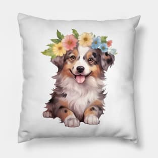 Watercolor Australian Shepherd Dog with Head Wreath Pillow