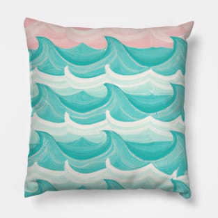 Ocean Waves Pattern Blue and Pink Pastel Colors Pillow