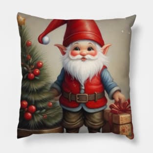 Festive Gnome Delight: Adorable Christmas Gnome Next to Tree Pillow