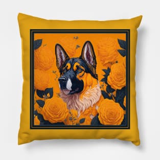 Dogs, shepherd dog and flowers, dog, seamless print, style vector (Yellow version #3 shepherd dog ) Pillow