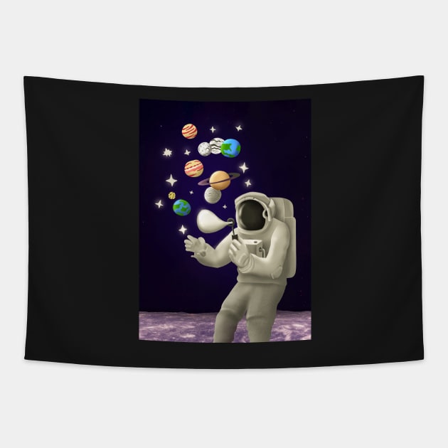 An astronaut on the moon plays with the planets like soap bubbles Tapestry by MoEsam95