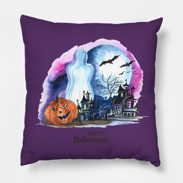 Happy Halloween dark Castle Pillow by Mako Design 