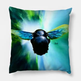 The blue bee facing the green hole of hope / Swiss Artwork Photography Pillow