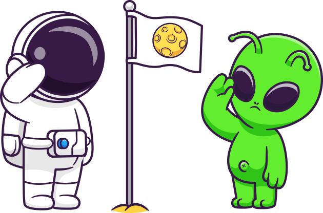 Cute Astronaut and Cute Alien Respect Moon Flag Cartoon Kids T-Shirt by Catalyst Labs