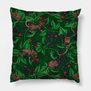 Mice and blackberries on dark green Pillow