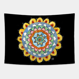 Yellow wacky mandala hand drawn joy Tapestry