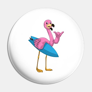 Flamingo as Surfer with Surfboard Pin