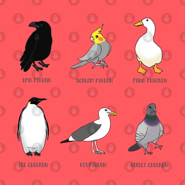 crow emo pigeon, penguin ice chicken, pigeon street chicken, duck pond chicken, parrot scream pigeon, seagull git pigeon by FandomizedRose