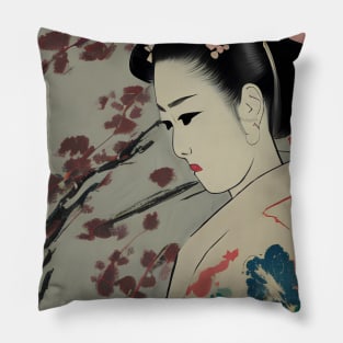 Geisha with floral kimono drawing Pillow