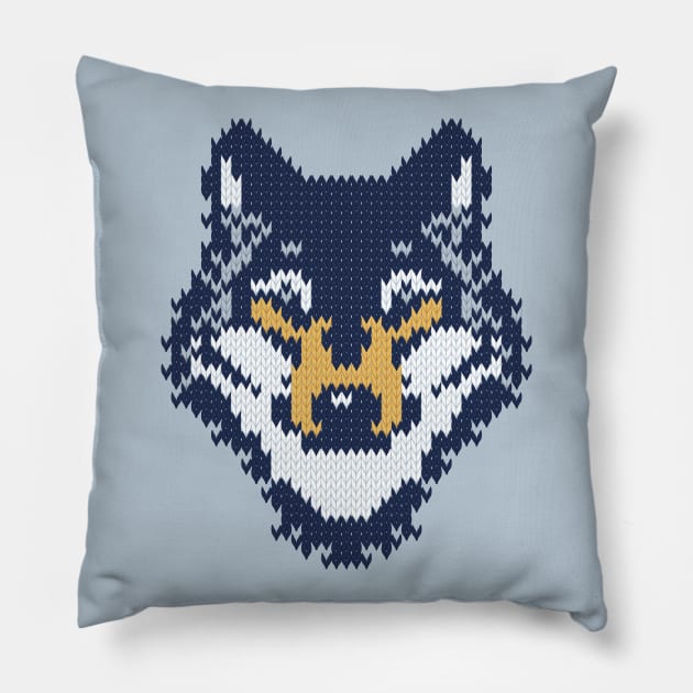 Fair isle knitting grey wolf // spot illustration // navy blue grey and yellow wolf Pillow by SelmaCardoso