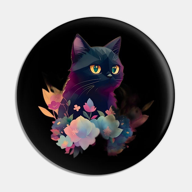 Cute Black Cat Love Watercolor Pin by ImaginativeInkPOD