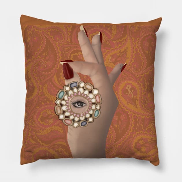 Desi Indian hand with beautiful colourful mirror arsi and eye with background Pillow by Saffronh Studio