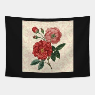 Rose Art Vintage Pink & Red Rose Design on Blush Pink, Cream Damask Pattern Tapestry