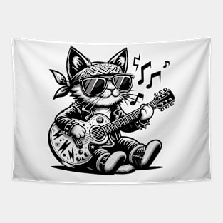 funny Cat Rock Black and White Guitar-Strumming Feline Design Tapestry