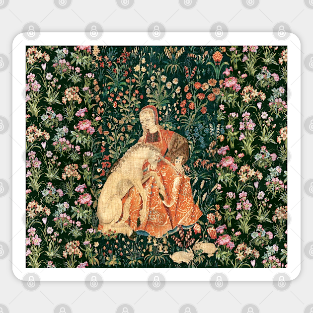 Download Lady And Unicorn Among Flowers Hares Red Green Floral Lady And Unicorn Sticker Teepublic