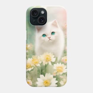 Happy White Cat in the Flower Garden Soft Pastel Colors Phone Case
