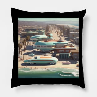 A Retro-Futuristic image of a Califonia Beach City Pillow