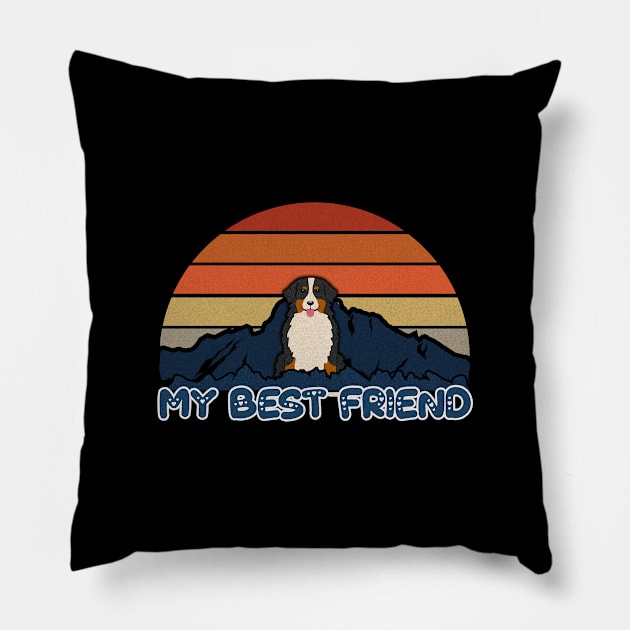 My Best Friend Bernese Mountain Dog Striped Sunset Mountain Background Design - Gift for Berner Lovers Pillow by HarrietsDogGifts