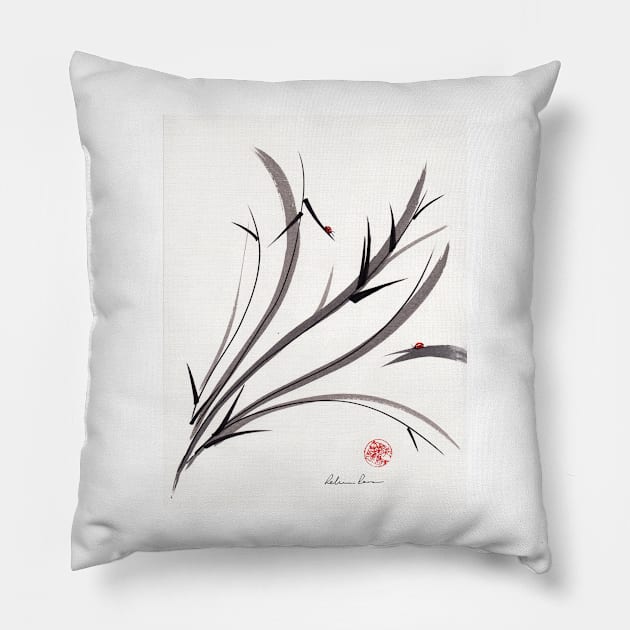 "My Dear Friend"  Original ink and wash ladybug bamboo painting/drawing Pillow by tranquilwaters