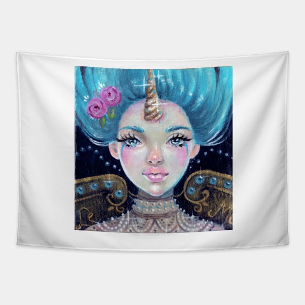 Betty Blue - Blue haired circus unicorn girl Tapestry by KimTurner