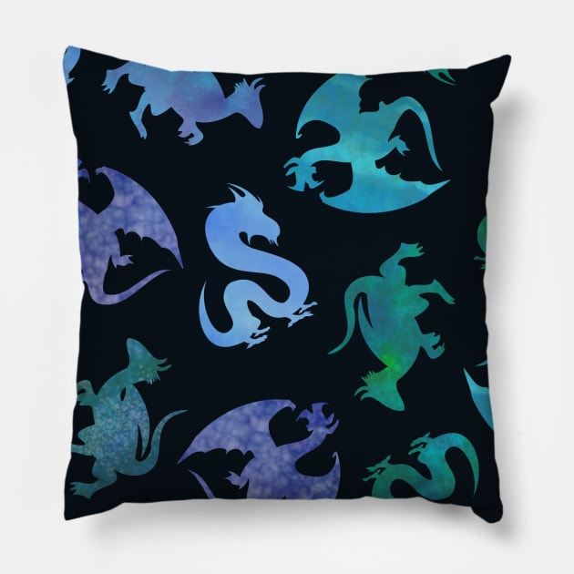 Jewel Tone Fantasy Dragon Silhouette on Black Pillow by gloobella