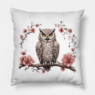 Owl on a tree branch flowers Pillow