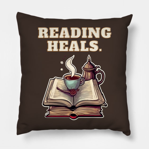 Reading Heals: Books and Coffee for reading levers Pillow by Tanguarts