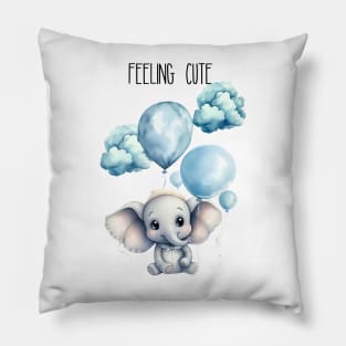 Feeling Cute Blue Elephant with Balloons Watercolor Art Pillow