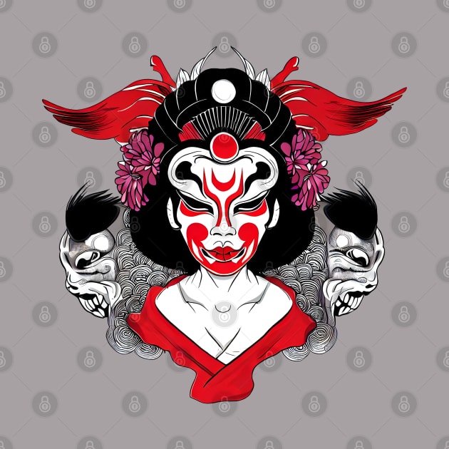 Japanese geisha with oni mask, tattoo style design by Ravenglow