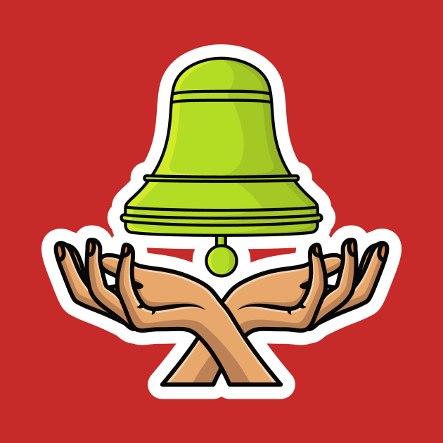 Green School Bell with People Hands Sticker design vector illustration. Alert and alarm objects icon design concept. Creative bell on hand sticker design icons logo with shadow by AlviStudio