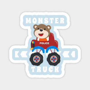 Cartoon vector of monster truck with little animal driver. Magnet