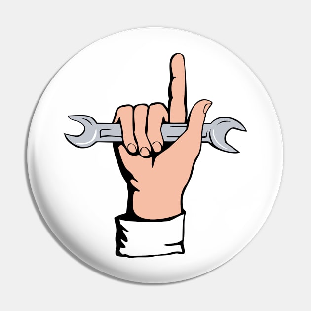 Hand Holding Spanner and Pointing Up Retro Pin by retrovectors