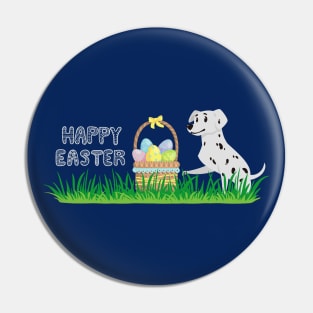 Happy Easter with Basket Full of Eggs on Grass and Dalmatian Dog Pin